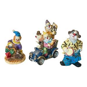 VTG Set (3) CIRCUS CLOWN FIGURINES 3" Tambourine Jalopy Car Toto Dog Cake Topper